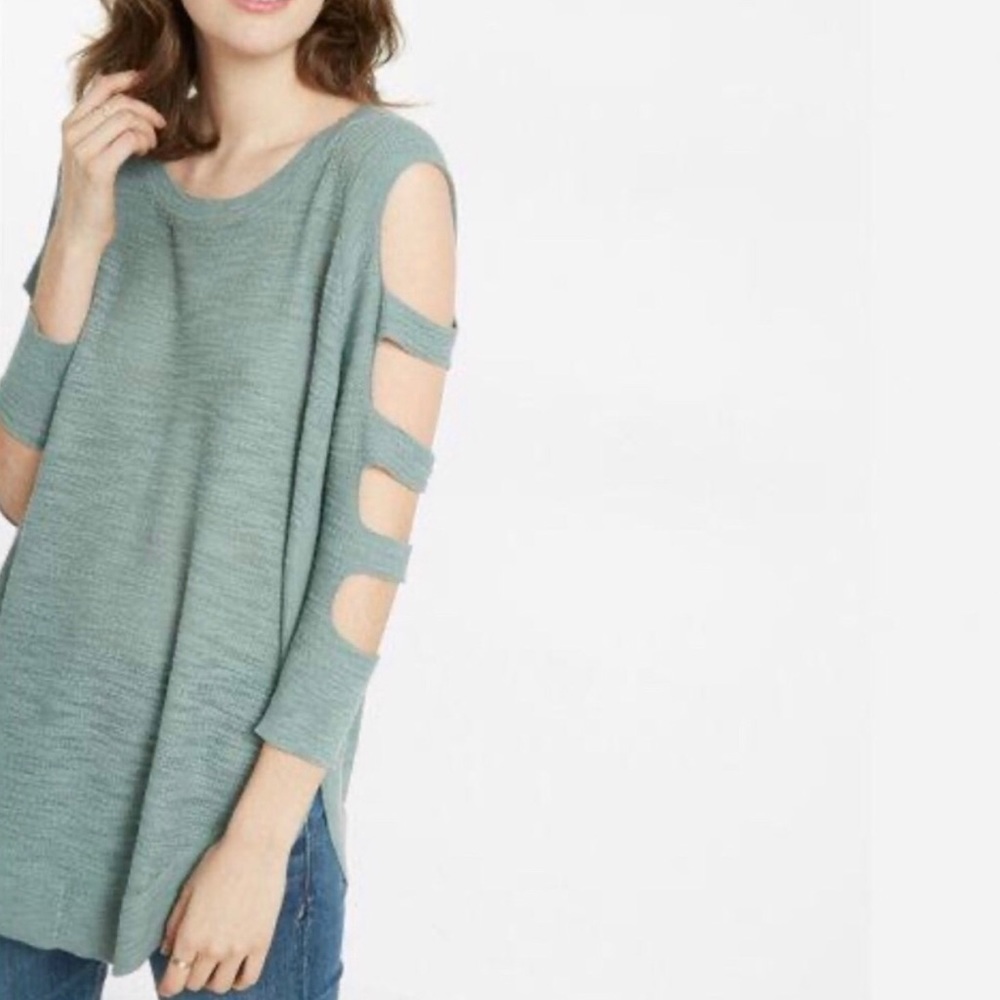 Express Pale Green Cold-Shoulder Tunic Sweater - Picture 1 of 8